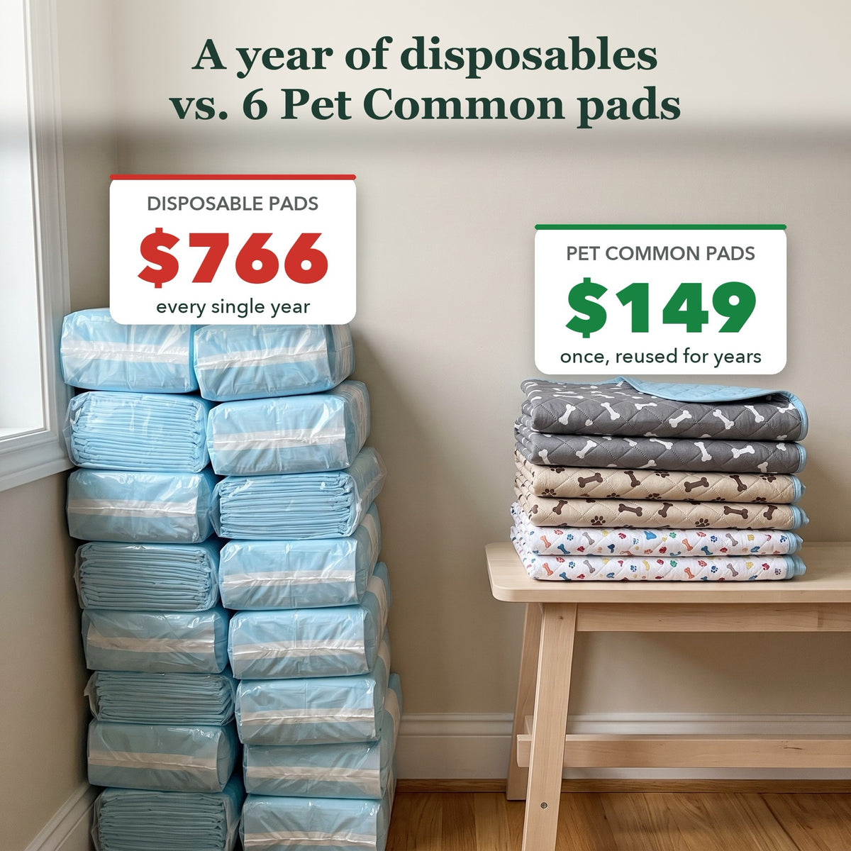 A year of disposable pads costs about $766; six Pet Common pads cost $149 once