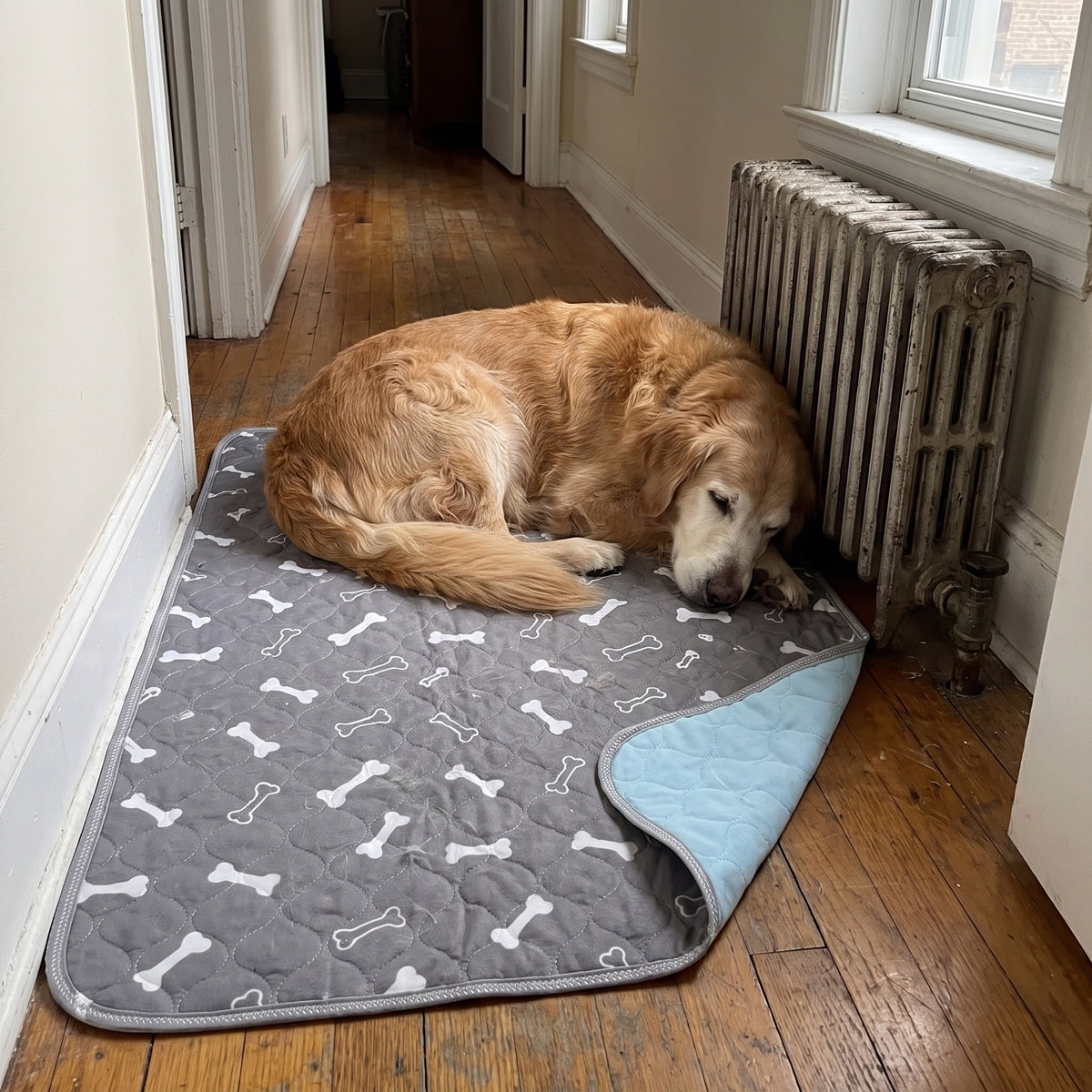 Senior golden retriever resting on the grey pee pad in a hallway