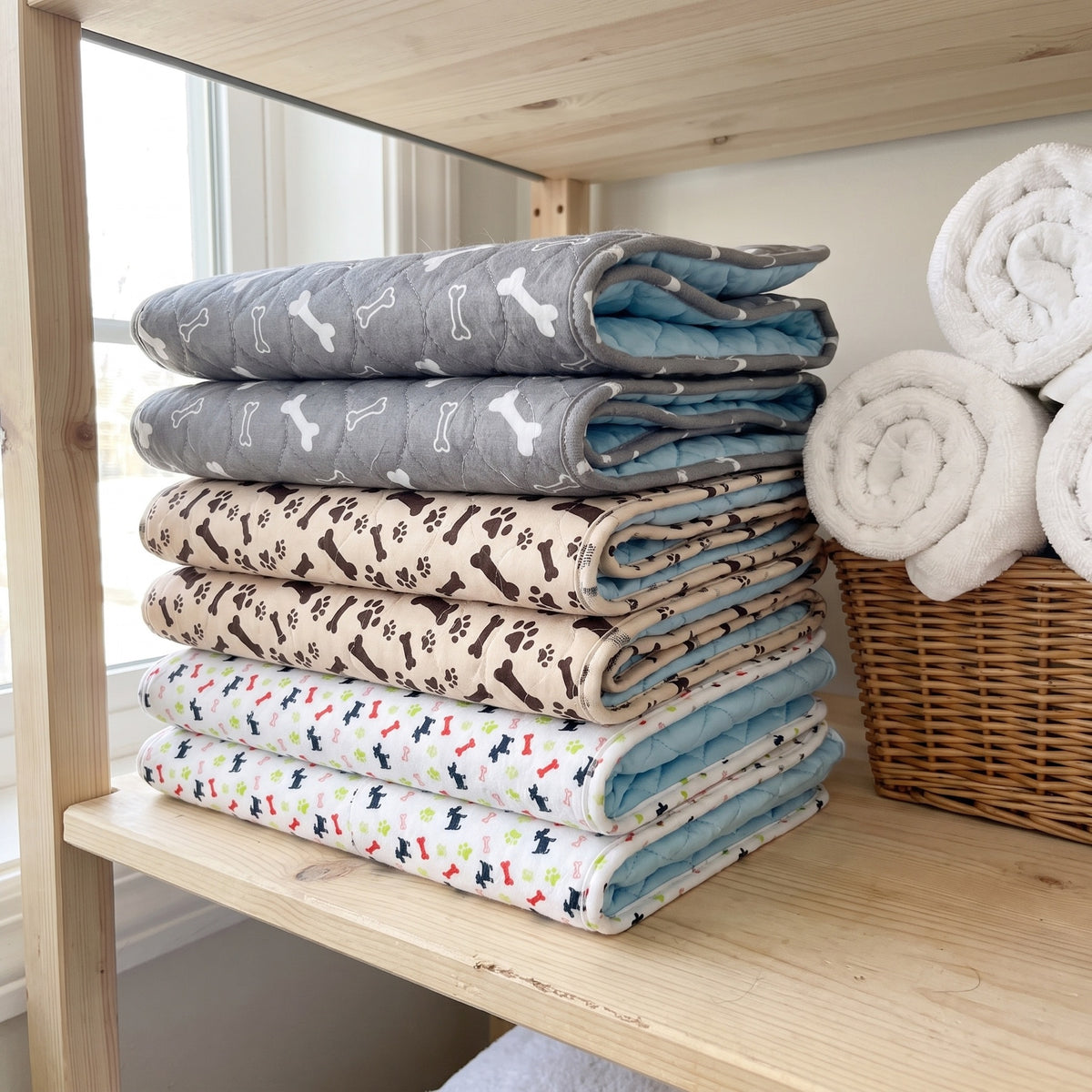 Folded pads in grey, beige and white stacked on a shelf