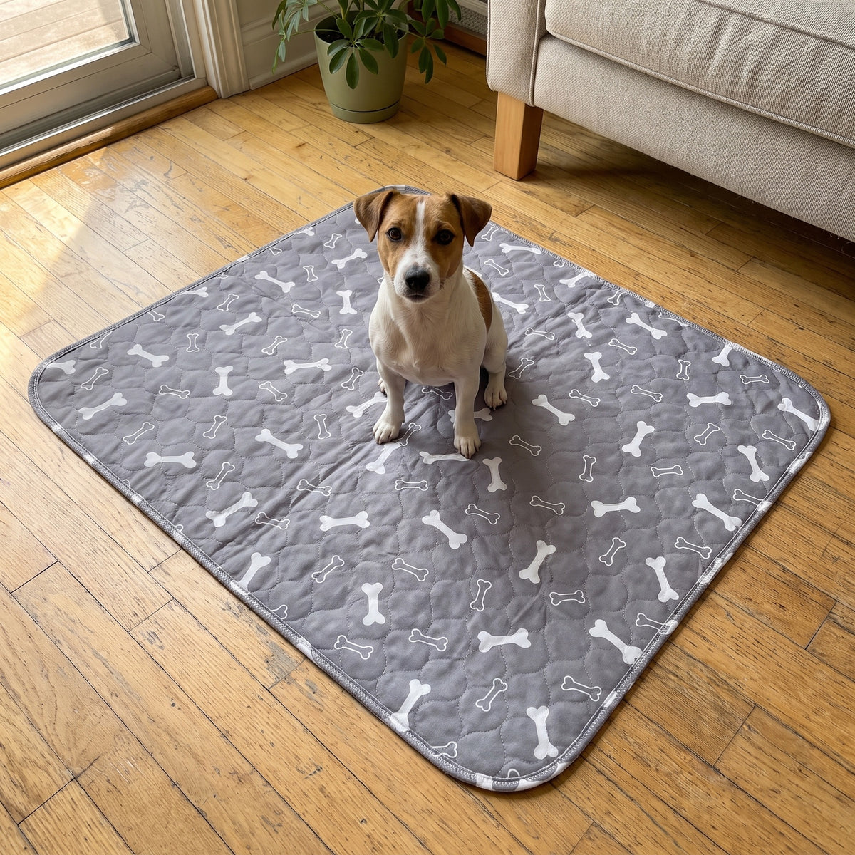 Large Grey pad, 28 x 31 in, with a Jack Russell terrier sitting on it
