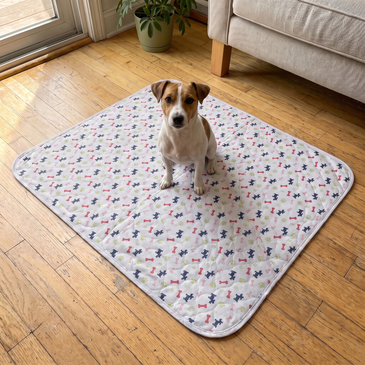 Large White pad, 28 x 31 in, with a Jack Russell terrier sitting on it