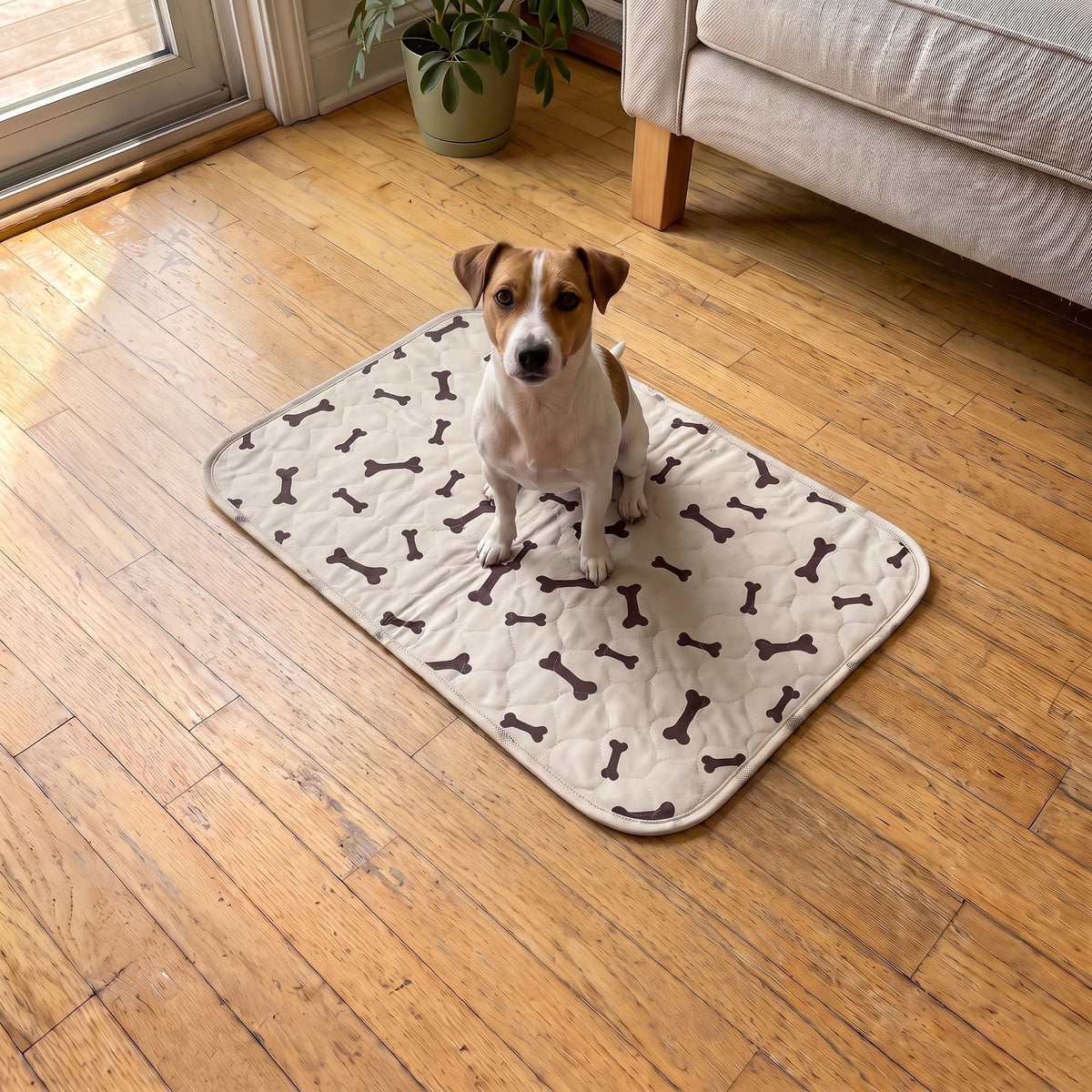 Medium Beige pad, 16 x 24 in, with a Jack Russell terrier sitting on it