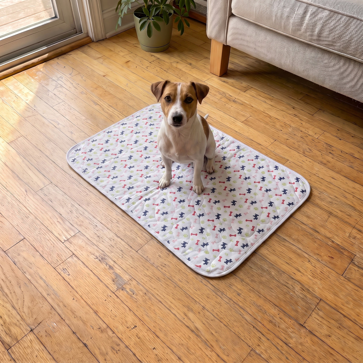 Medium White pad, 16 x 24 in, with a Jack Russell terrier sitting on it