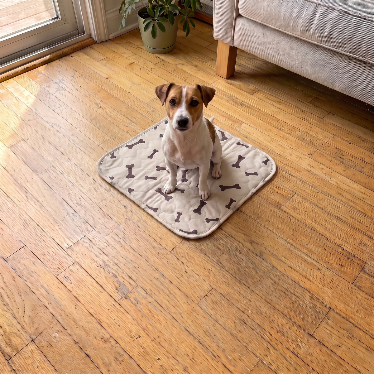 Small Beige pad, 12 x 12 in, with a Jack Russell terrier sitting on it