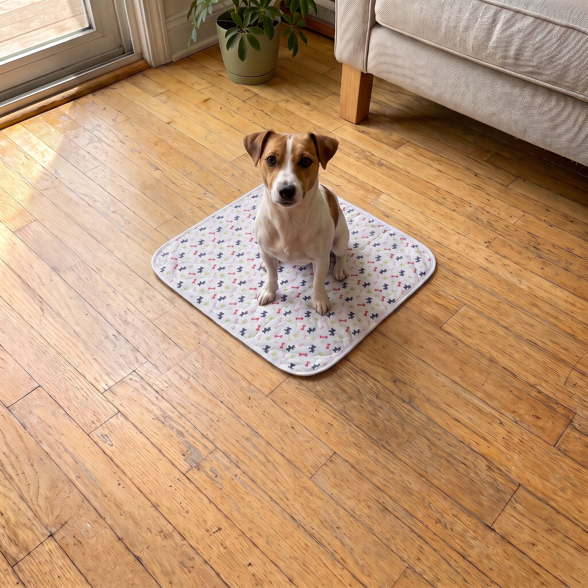Small White pad, 12 x 12 in, with a Jack Russell terrier sitting on it