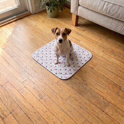 Small White pad, 12 x 12 in, with a Jack Russell terrier sitting on it