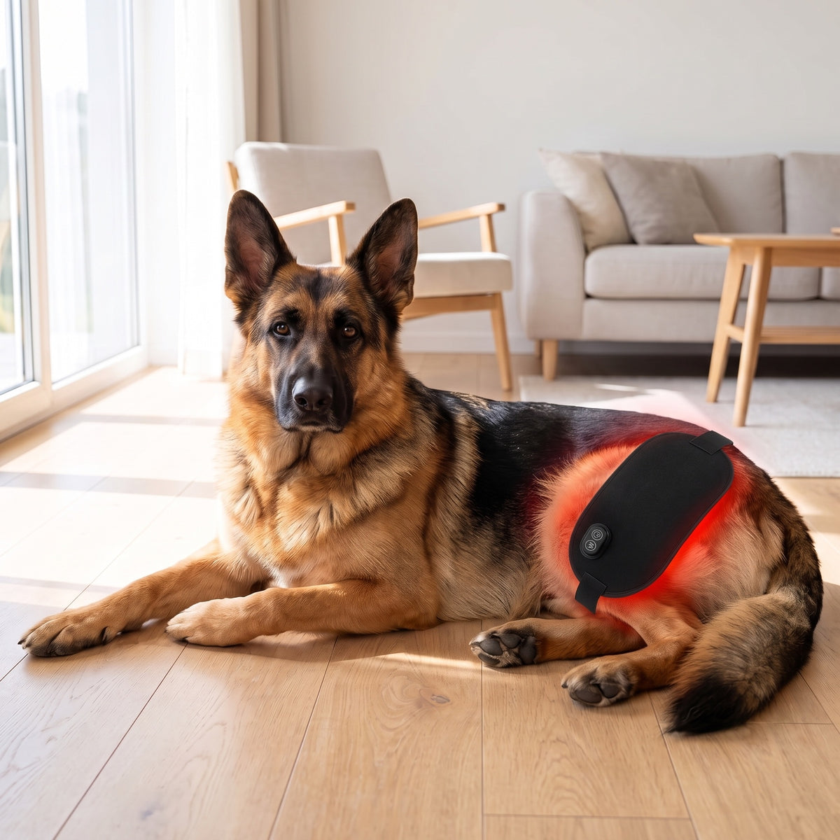 German Shepherd with the pad on its hip