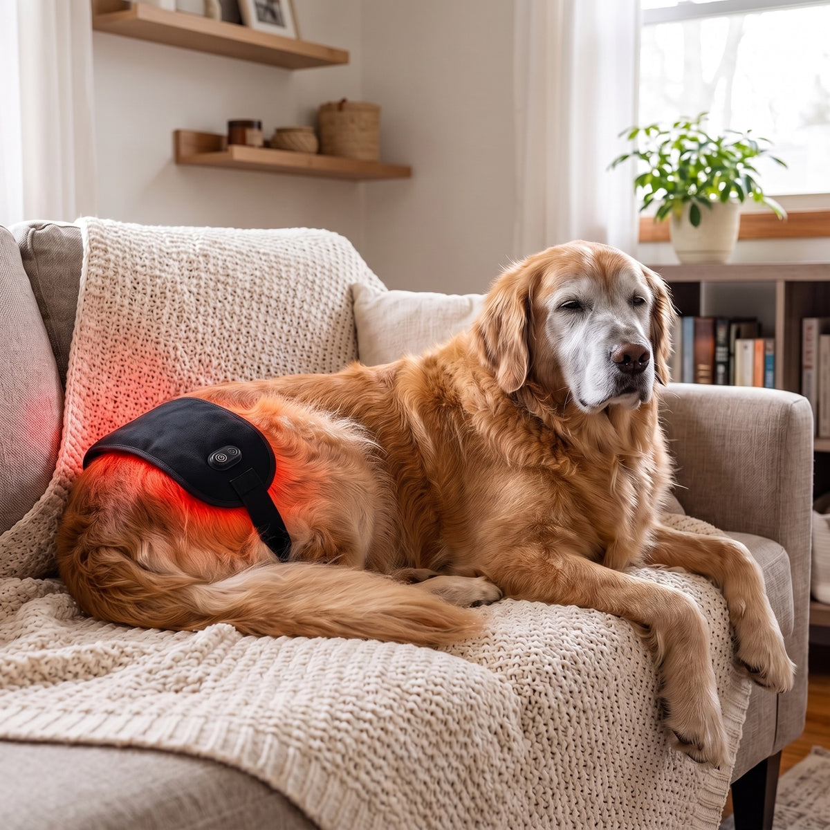 Golden retriever relaxing with the pad on