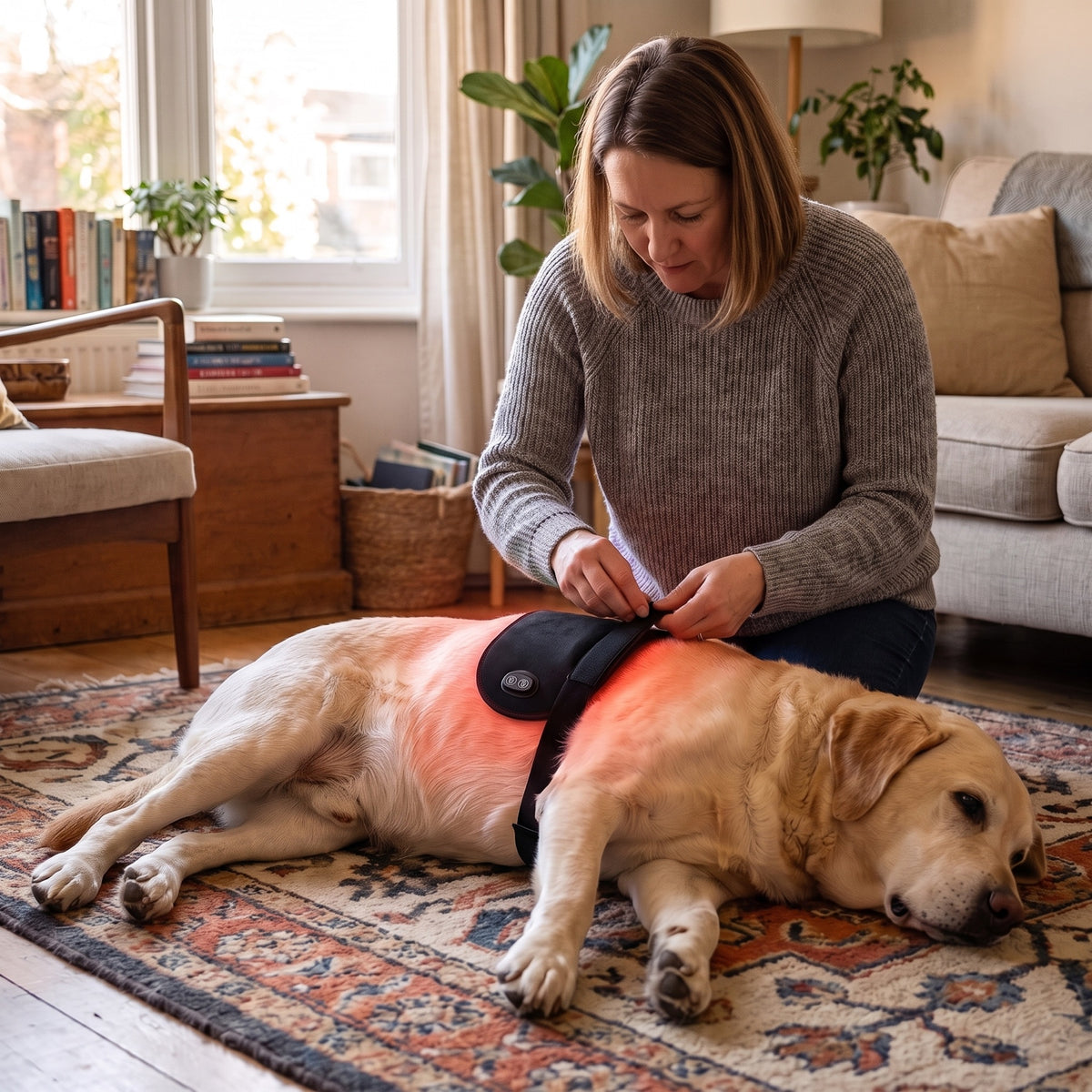 Owner strapping the pad onto her Labrador