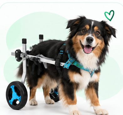 Tricolor dog with limited rear-leg mobility in a wheelchair