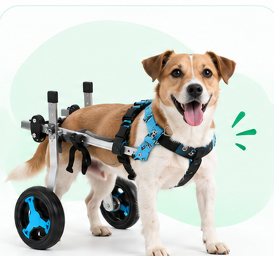 Dog in recovery support wheelchair after injury or surgery