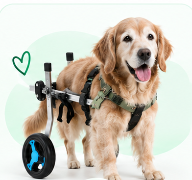 Senior Golden Retriever using a dog wheelchair for mobility